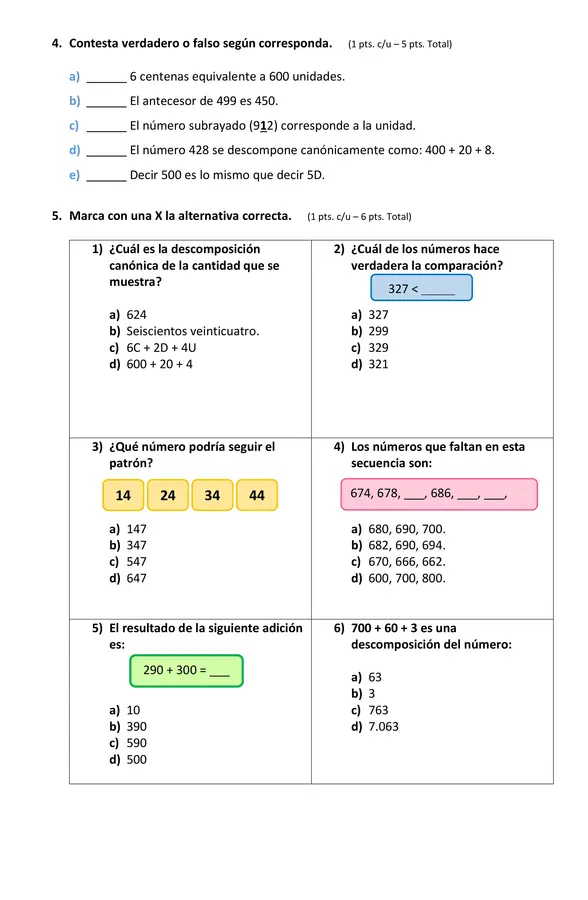 Prueba de Matemática: Numeración hasta el 1.000