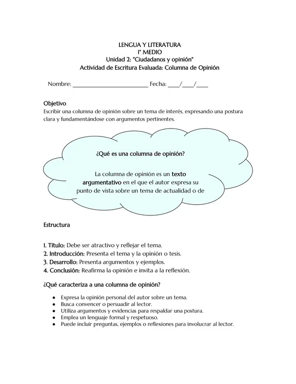 📒 Guía de Escritura Evaluada: Columna de Opinión (1° Medio)