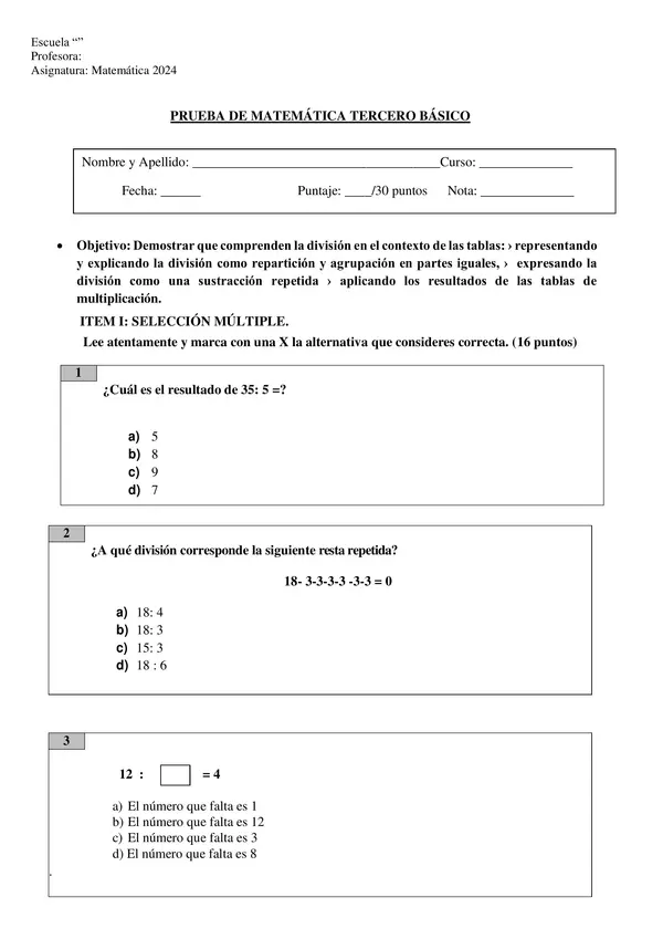 Prueba de divisiones tercero básico