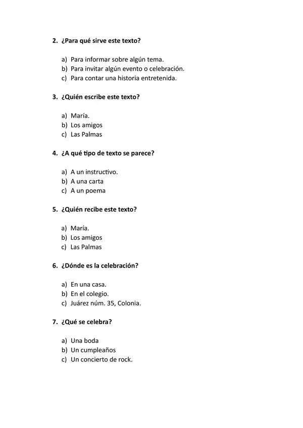 Prueba Comprensión de lectura de una invitación de cumpleaños