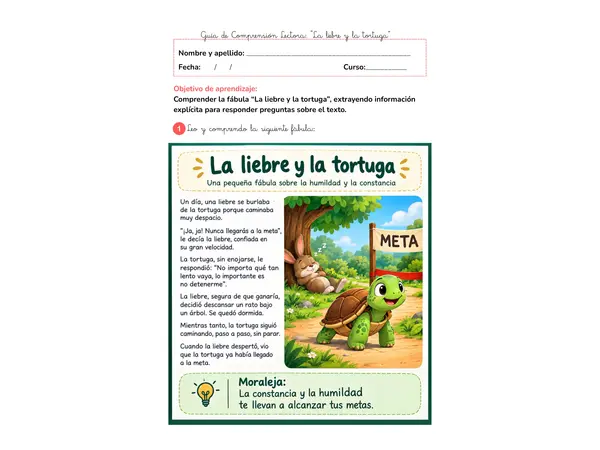 Comprensión Lectora: Fábula "La Libre y la Tortuga" – 1° a 3° Básico