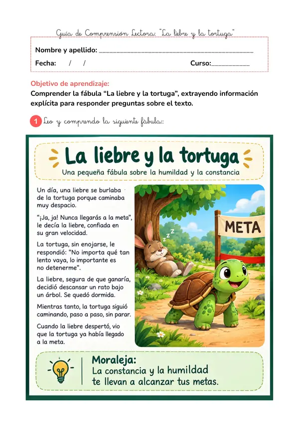 Comprensión Lectora: Fábula "La Libre y la Tortuga" – 1° a 3° Básico
