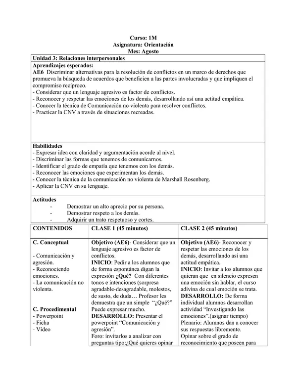 Planificación Clase a Clase Agosto - Orientación - 1° Medio