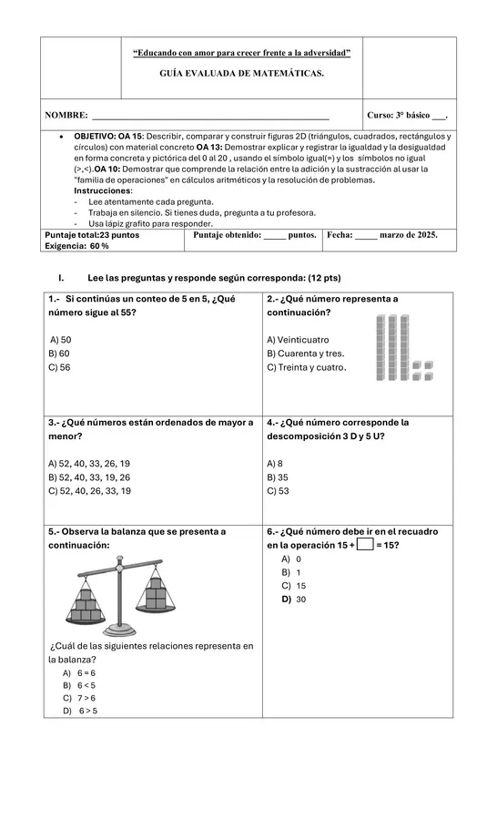 Evaluación matemáticas 3 básico