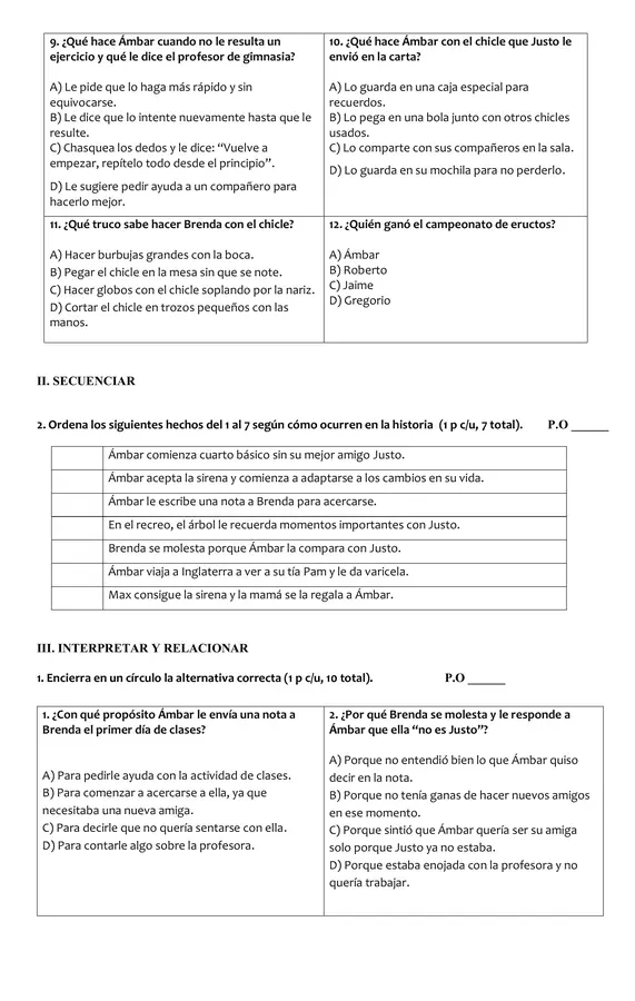 Prueba lectura complementaria "Ámbar en cuarto y sin su amigo"