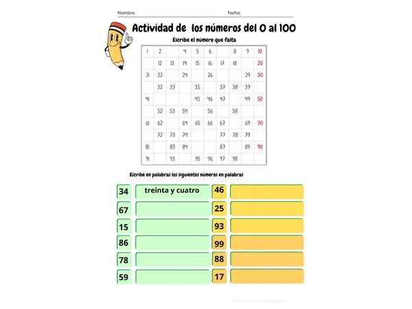 Guia de actividad de los Números del 0 al 100 matemática 