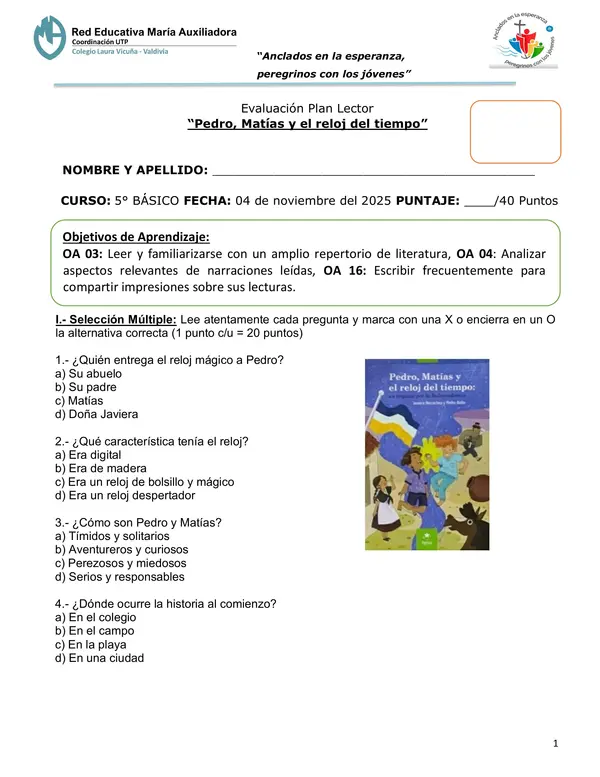 Evaluación Plan Lector "Pedro, Matías y el reloj del tiempo"