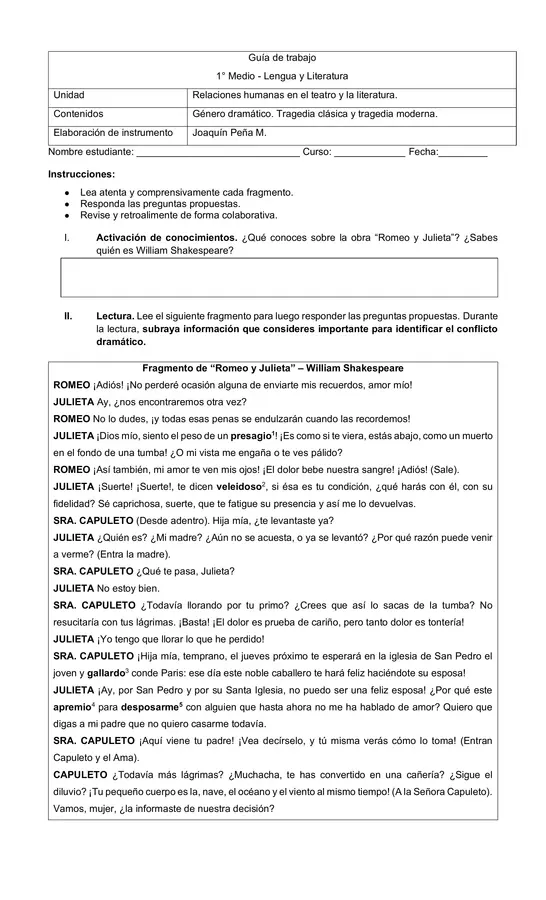 Guía género dramático/tragedia moderna - Fragmento "Romeo y Julieta"