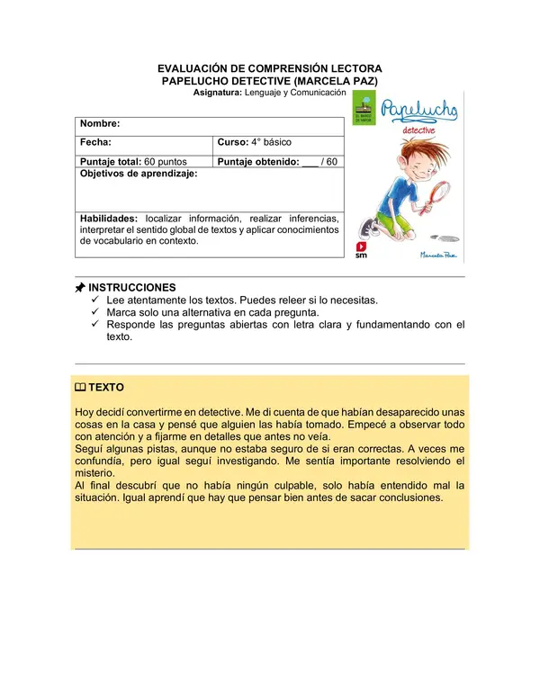Prueba del libro "Papelucho detective" (Marcela Paz)