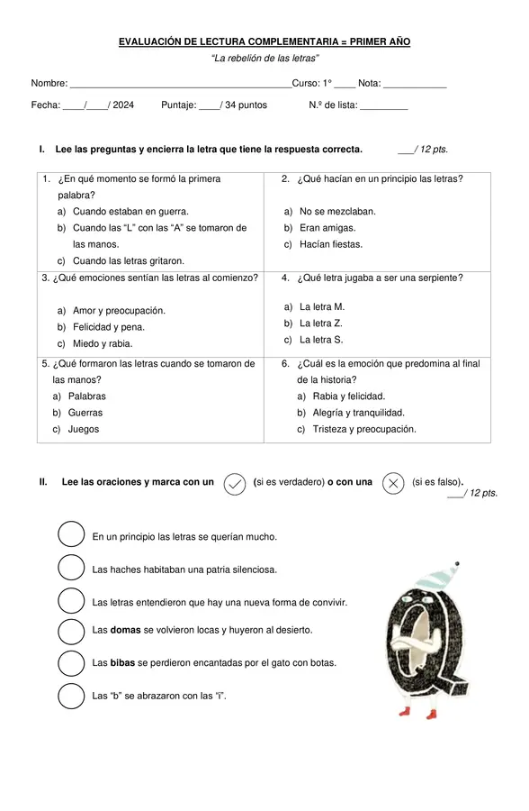 Prueba de lectura complementaria "La rebelión de las letras"