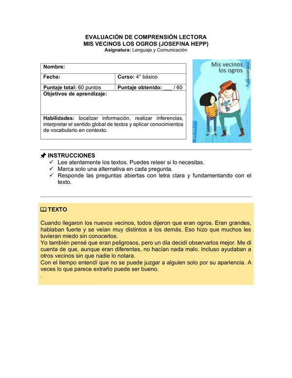 Prueba del libro "Mis vecinos los ogros" (Josefina Hepp)