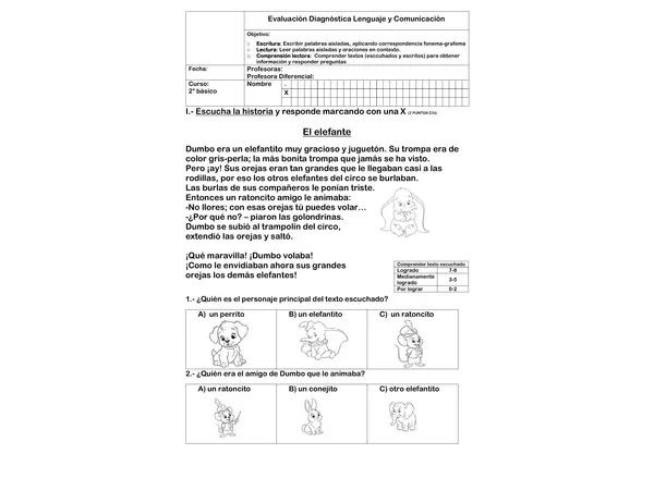 EVALUACION DIAGNÓSTICA LECTURA-ESCRITURA SEGUNDO BÁSICO 