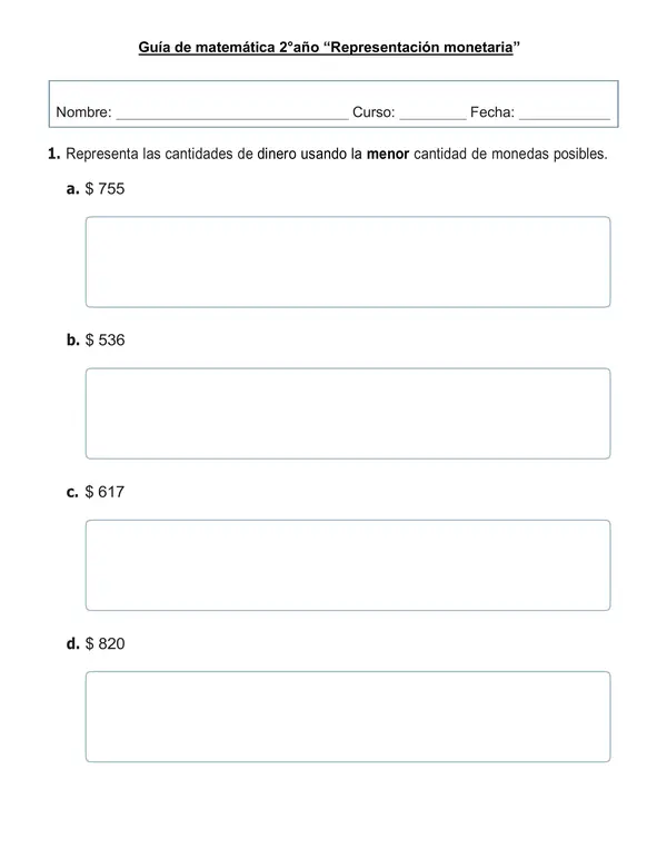 Guía de matemática 2°año "Representación monetaria U,D y C"