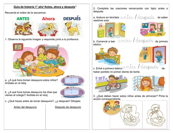 Guía de historia 1° año básico  temporalidad "Antes, durante, después"