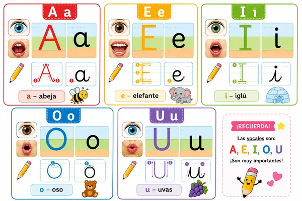 Tarjetas de Vocales A-E-I-O-U | Grafomotricidad y Pronunciación