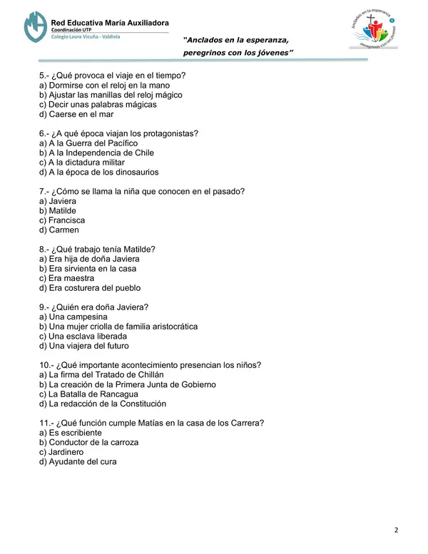 Evaluación Plan Lector "Pedro, Matías y el reloj del tiempo"