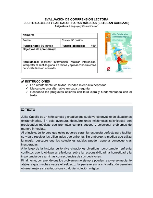 Prueba del libro "Julito Cabello y las salchipapas mágicas" (Esteban Cabezas) 5° básico