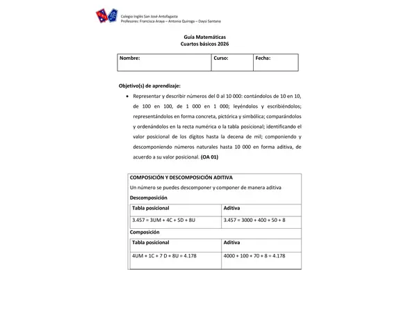 Guía Descomposición y Composición 4° básico