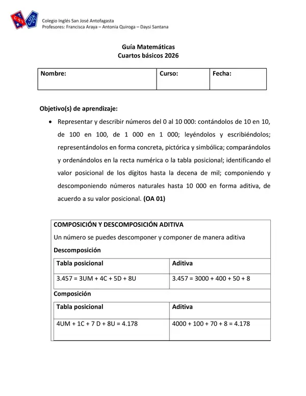 Guía Descomposición y Composición 4° básico