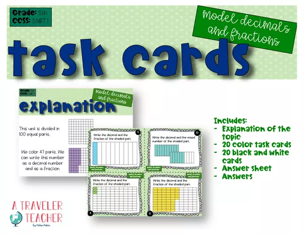 Model decimals and fractions task cards and explanation