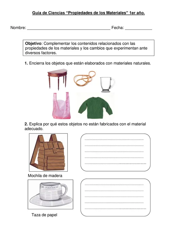 Guía de ciencias, tercer año "Propiedades de los materiales"