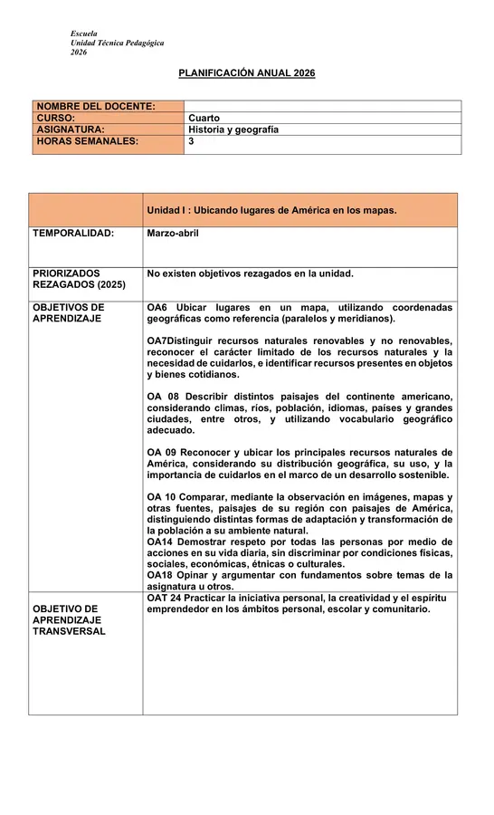 PLANIFICACIÓN ANUAL DE HISTORIA ,CUARTO BÁSICO