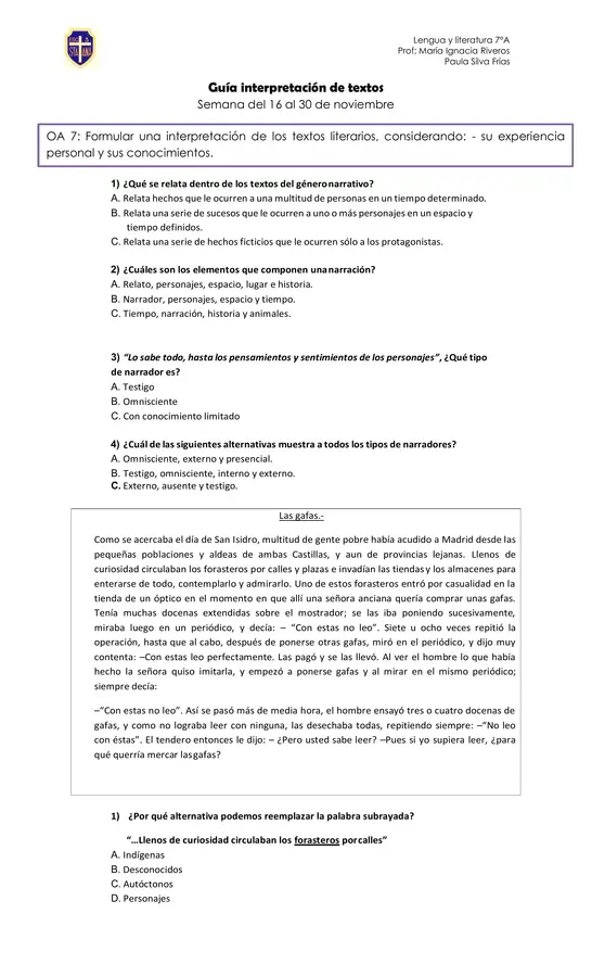 Guía de interpretación de textos y tipos de narradores 