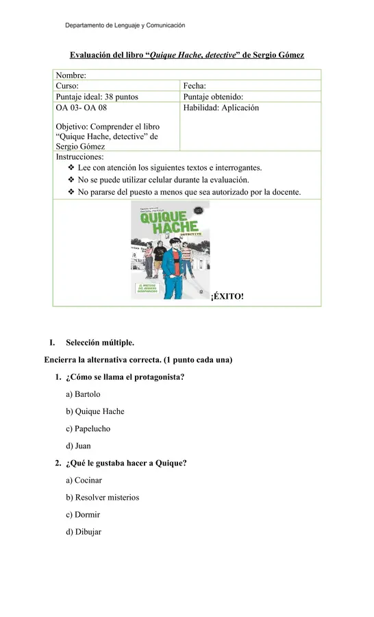 🕵️ Prueba de Lectura “Quique Hache, detective” + Pauta