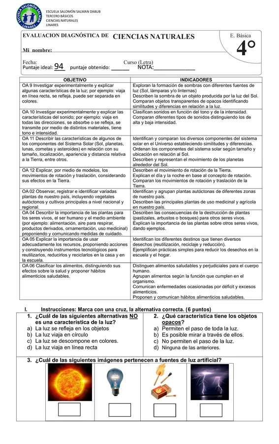 DIAGNÓSTICO CIENCIAS 4TO BÁSICO