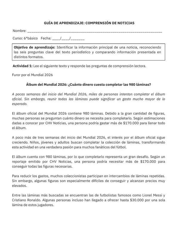 Comprensión de Noticias – Álbum del Mundial 2026