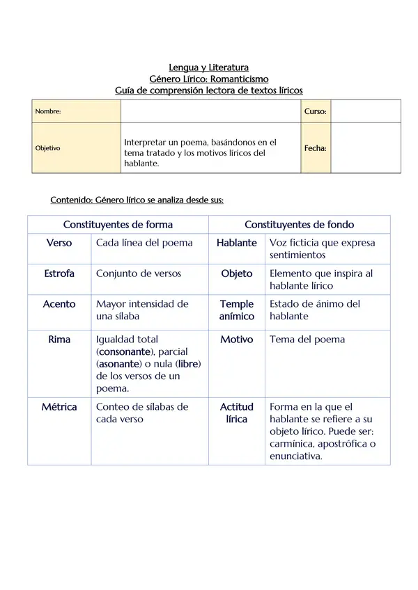 Guía de comprensión lectora de poemas: "Romanticismo" + Pauta de corrección
