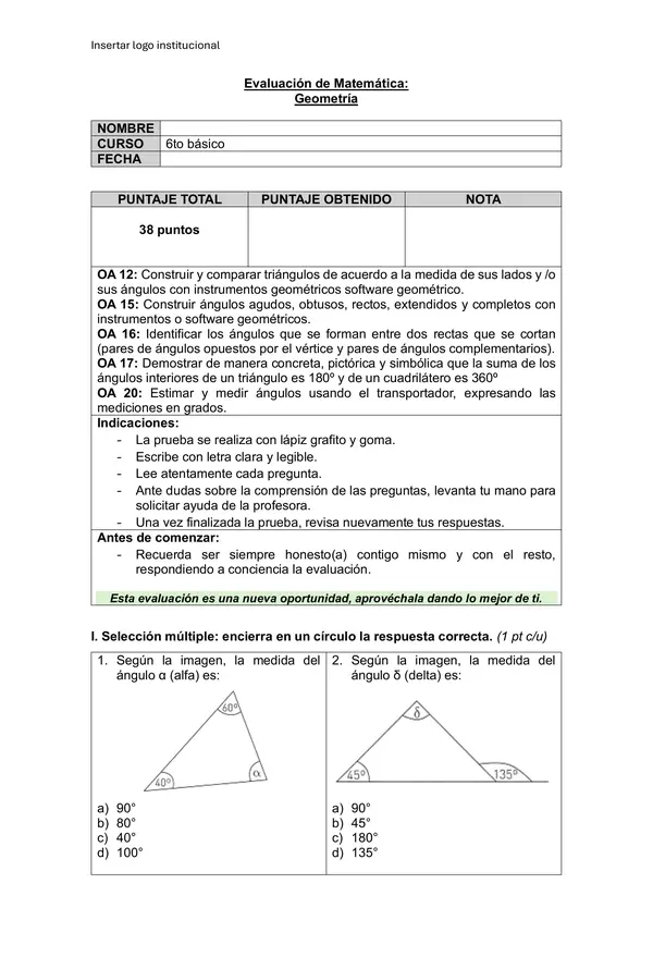 Evaluación Matemática 6to básico