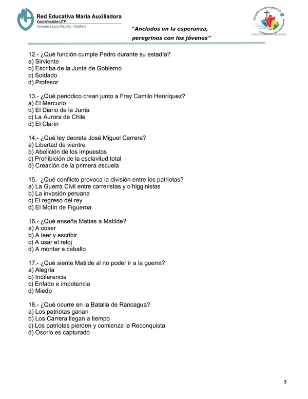 Evaluación Plan Lector "Pedro, Matías y el reloj del tiempo"