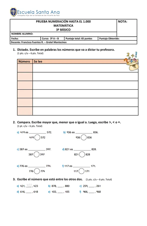 Prueba de Matemática: Numeración hasta el 1.000
