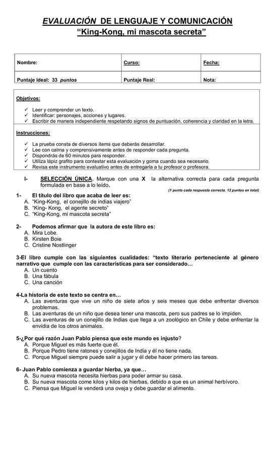 EVALUACIÓN “King-Kong, mi mascota secreta” 