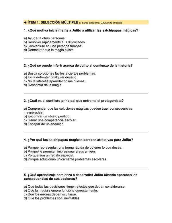 Prueba del libro "Julito Cabello y las salchipapas mágicas" (Esteban Cabezas) 5° básico