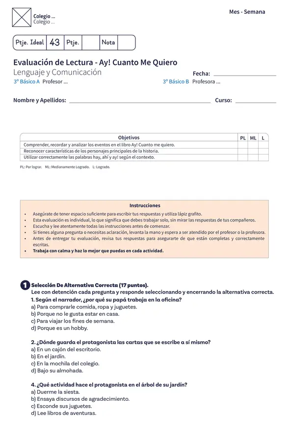 Evaluación de Lectura - Ay! Cuanto Me Quiero