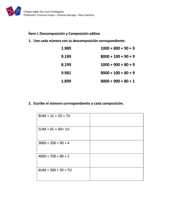 Guía Descomposición y Composición 4° básico