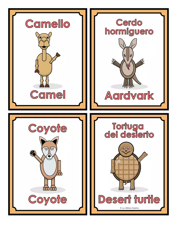 Tarjetas Ilustrativas Animales Desierto Español Inglés Bilingües Salvajes Wild