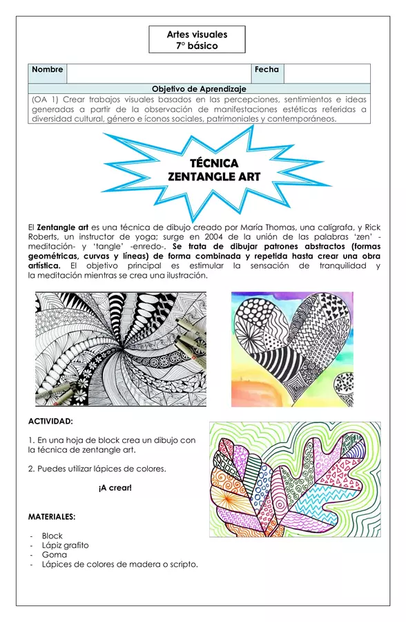 Artes visuales - Zentangle art - 7° básico