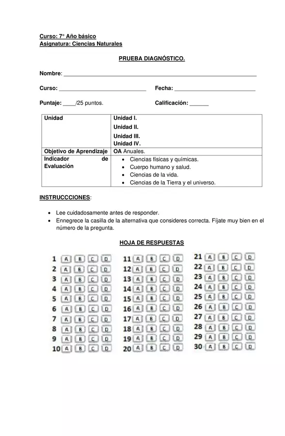 PRUEBA DIAGNOSTICO, CIENCIAS NATURALES, SEPTIMO BASICO CON SOLUCIONES