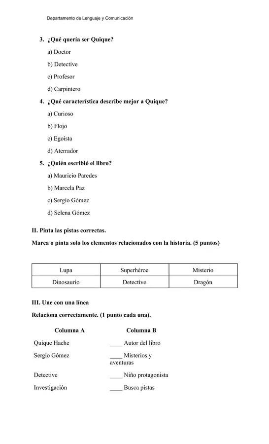 🕵️ Prueba de Lectura “Quique Hache, detective” + Pauta