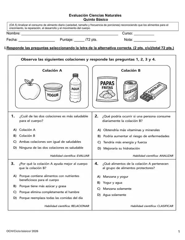 Evaluación OA5 Nutrición y Alimentación Saludable 5° Básico Ciencias Naturales