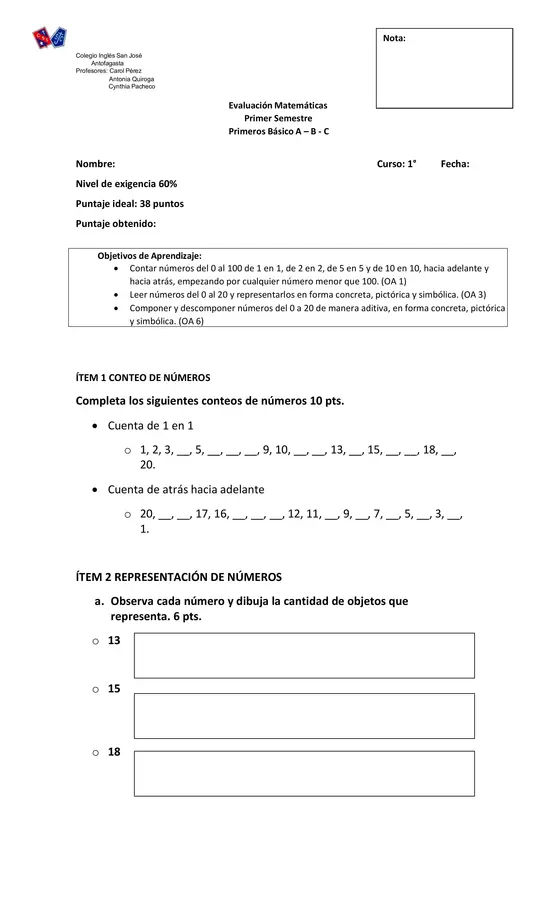 Prueba Matemáticas 1° básico