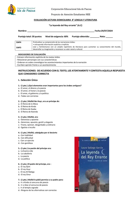 EVALUACIÓN LECTURA DOMICILIARIA  8° LENGUA Y LITERATURA “La leyenda del Rey errante” 
