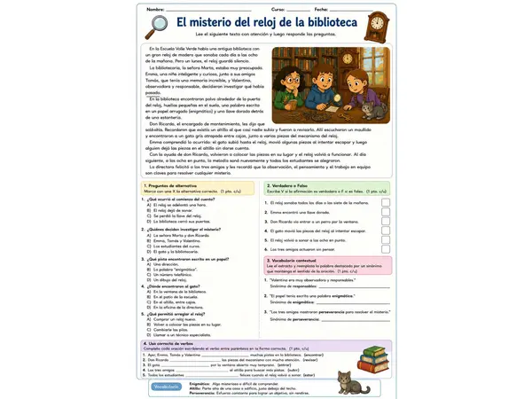 Ficha Gratuita de Comprensión Lectora: El misterio del reloj de la biblioteca