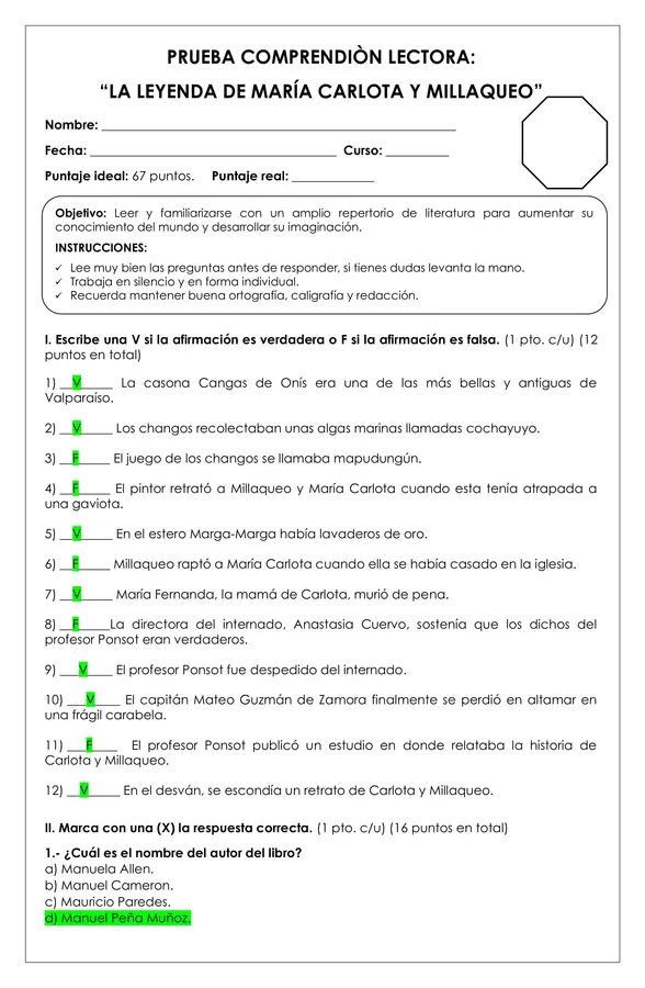 Prueba Lectura - La leyenda de M°Carlota y Millaqueo