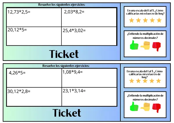 Ticket de multiplicación números decimales