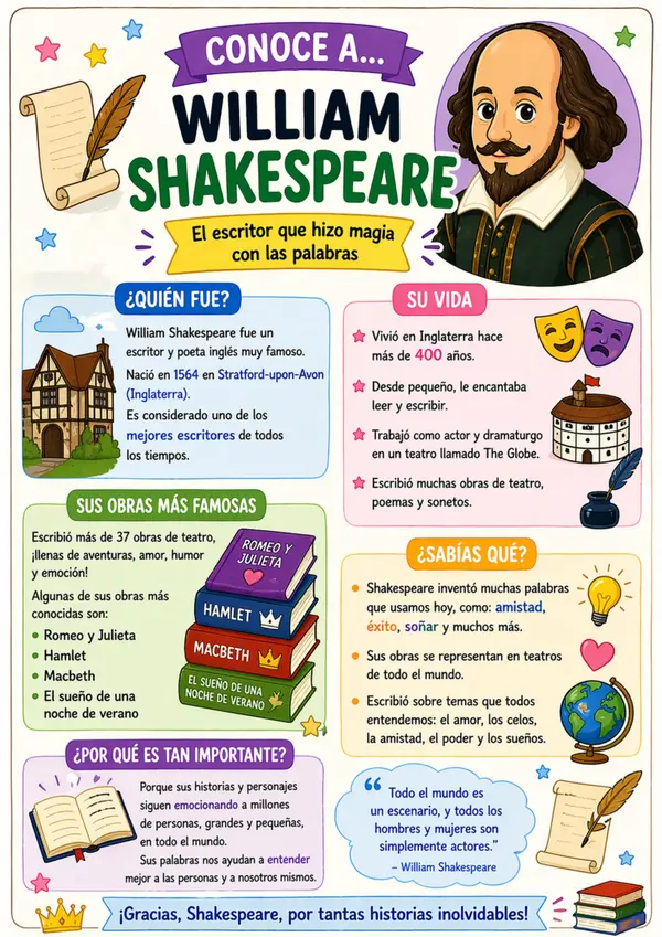 Póster William Shakespeare para niños | Biografía infantil ilustrada | Cartel educativo literatura 