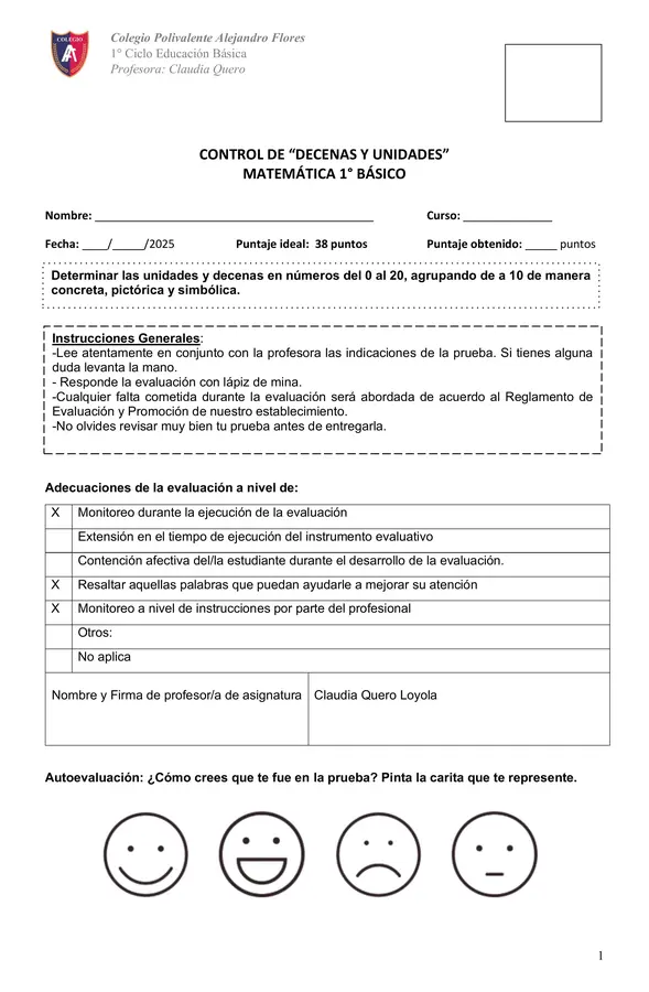 Evaluación decenas y unidades